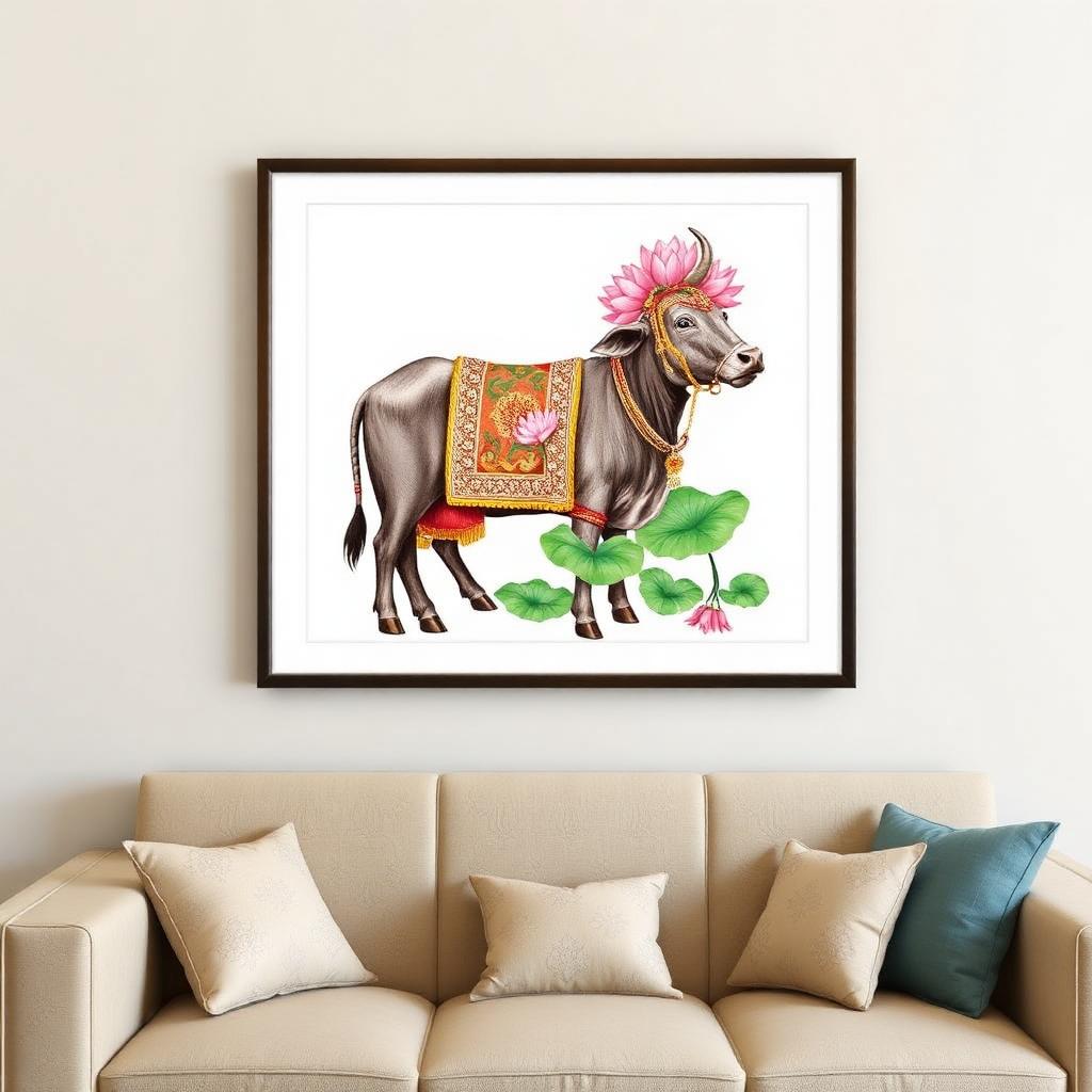 Sacred Cow & Lotus – Pichwai Art Print